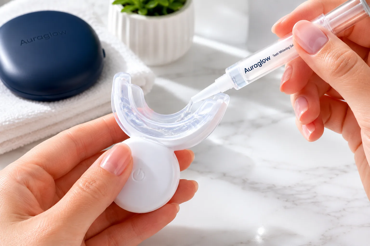 Applying Auraglow whitening gel to the tray